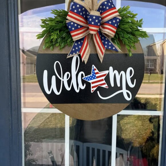 Welcome Patriotic Flag Front Door Hanging Sign Fourth of July Decor Wreath Gift - Picture 2 of 7